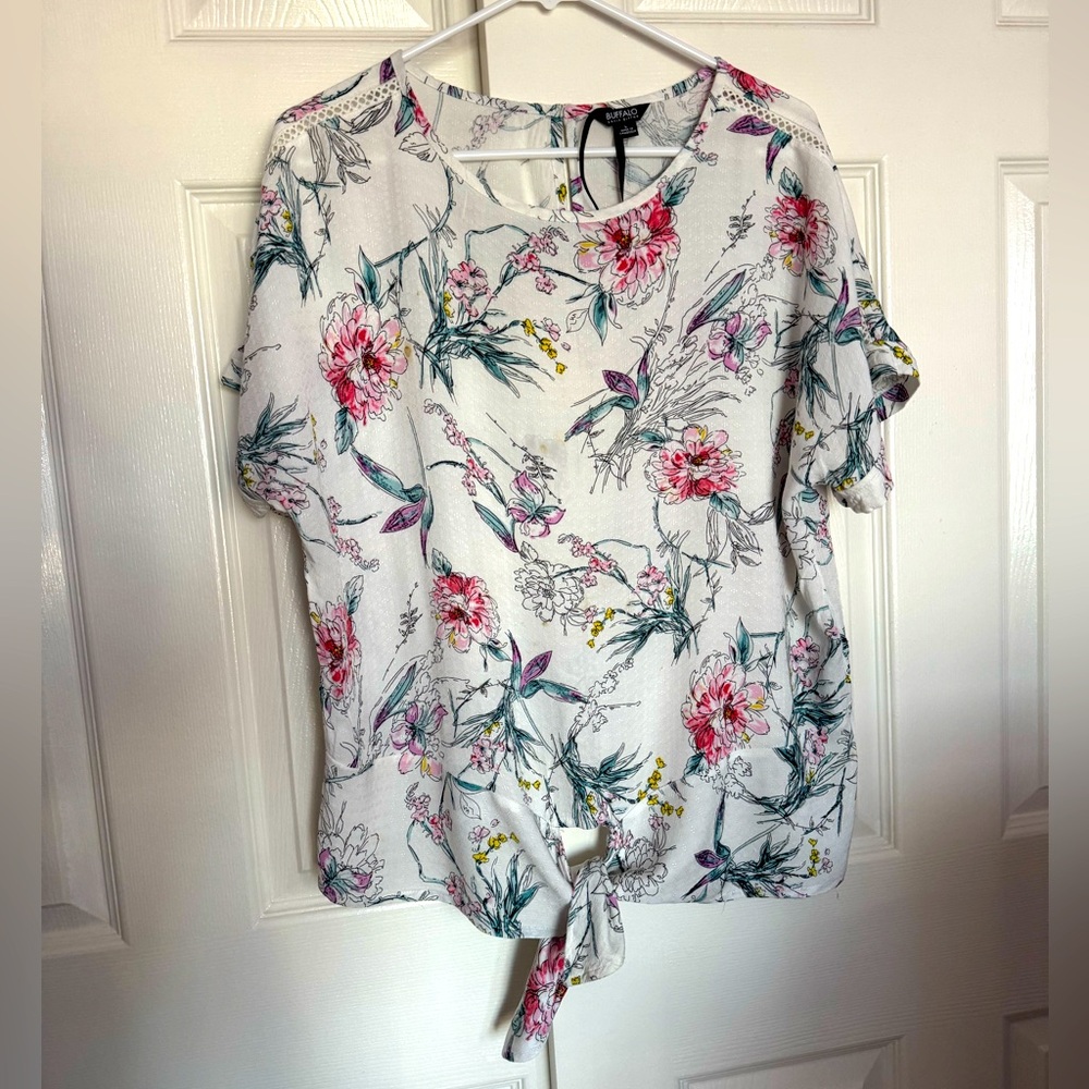 Buffalo David Bitton White Floral Tie-Front Blouse